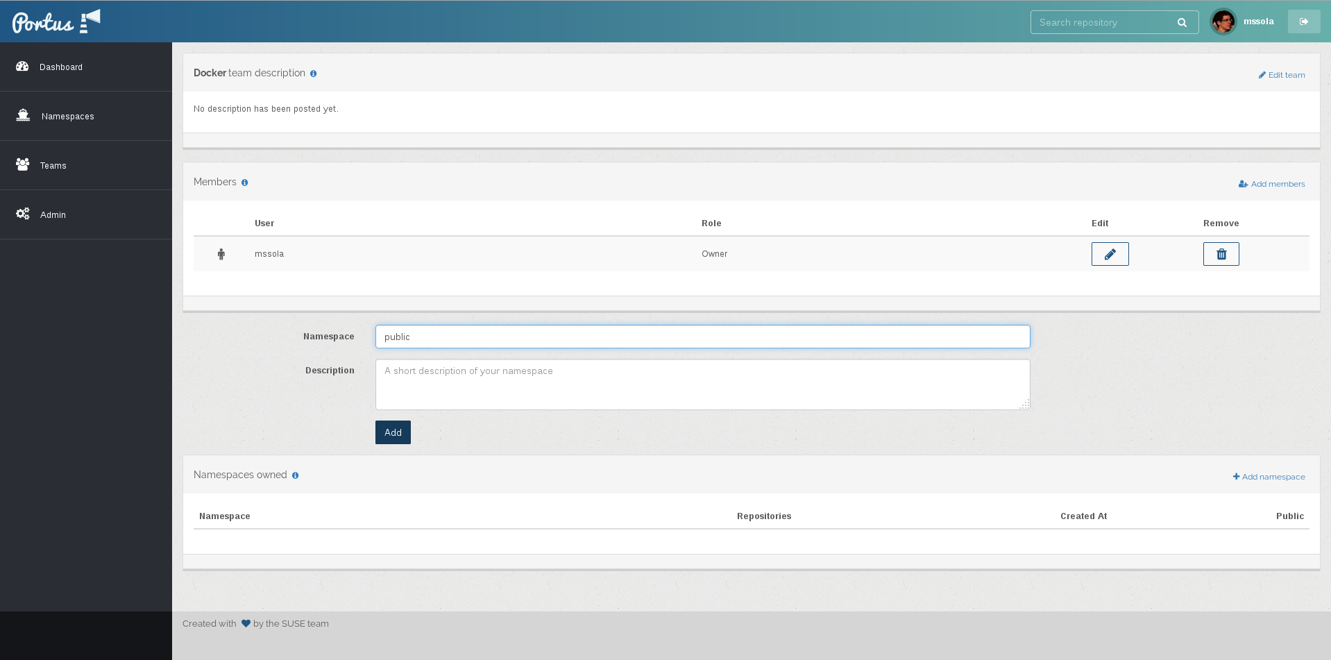Creating a namespace from the Team page