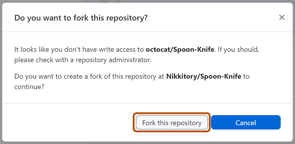 Captura de pantalla de la ventana "Create a fork prompt". Botón con la etiqueta "Fork this repository" (Bifurcar este repositorio) resaltado con un contorno naranja.