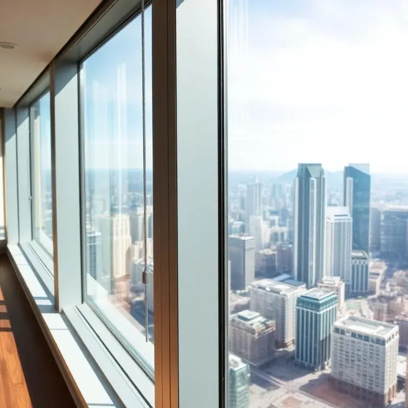 Floor-to-ceiling windows looking out over city towers