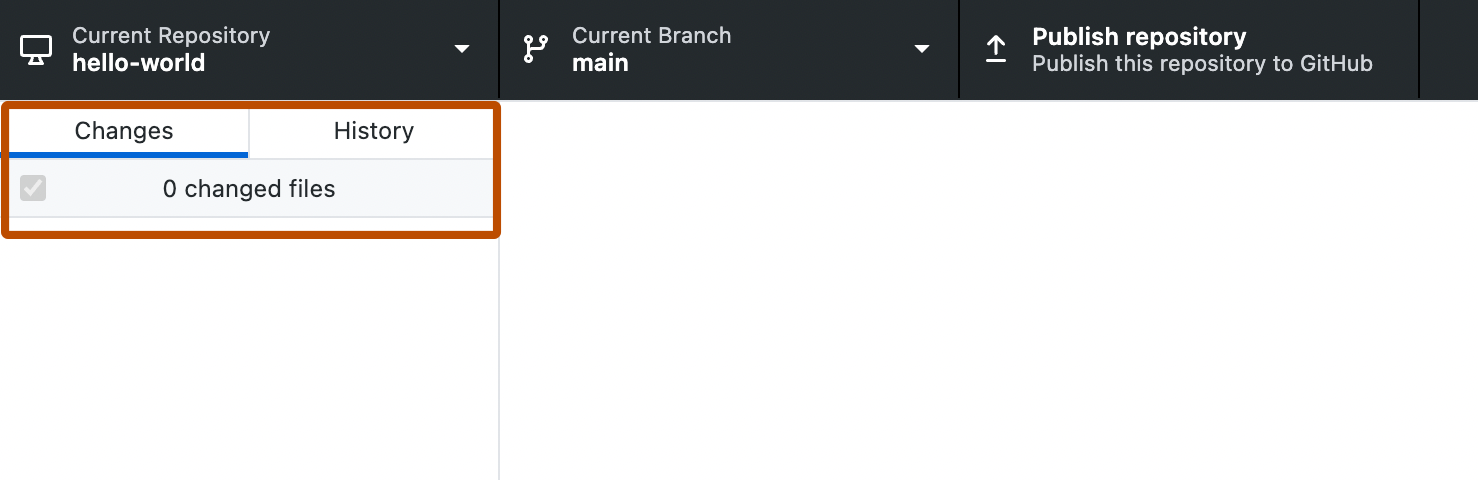 Captura de tela do aplicativo GitHub Desktop. Uma barra lateral no lado esquerdo, com guias rotuladas como "Changes" e "History", está contornada em laranja.