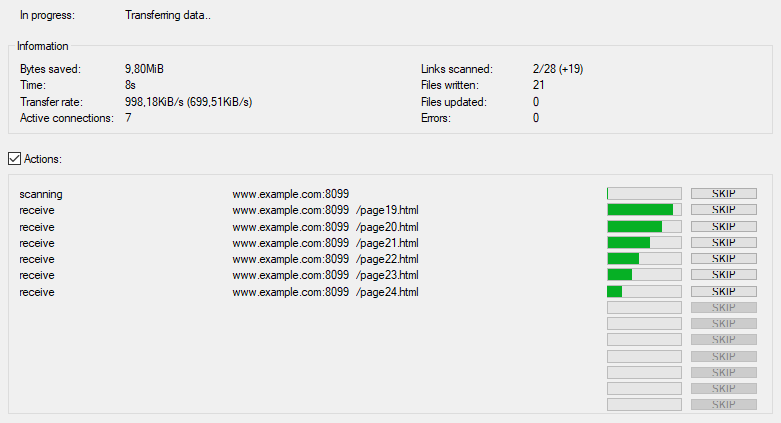 Screenshots of the Windows version WinHTTrack mirroring a site