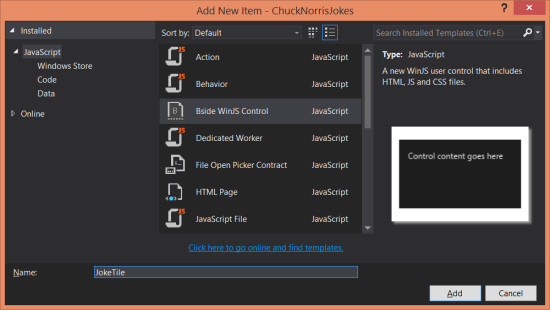 Add New Item dialog - B-side control template