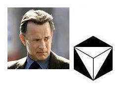 Robert Langdon (played by Tom Hanks) and a corner of Solomon's Cube