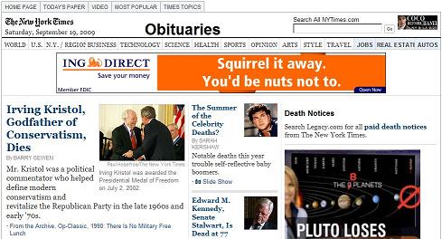 NY Times obituary for Irving Kristol, with squirrel-and-nuts ad