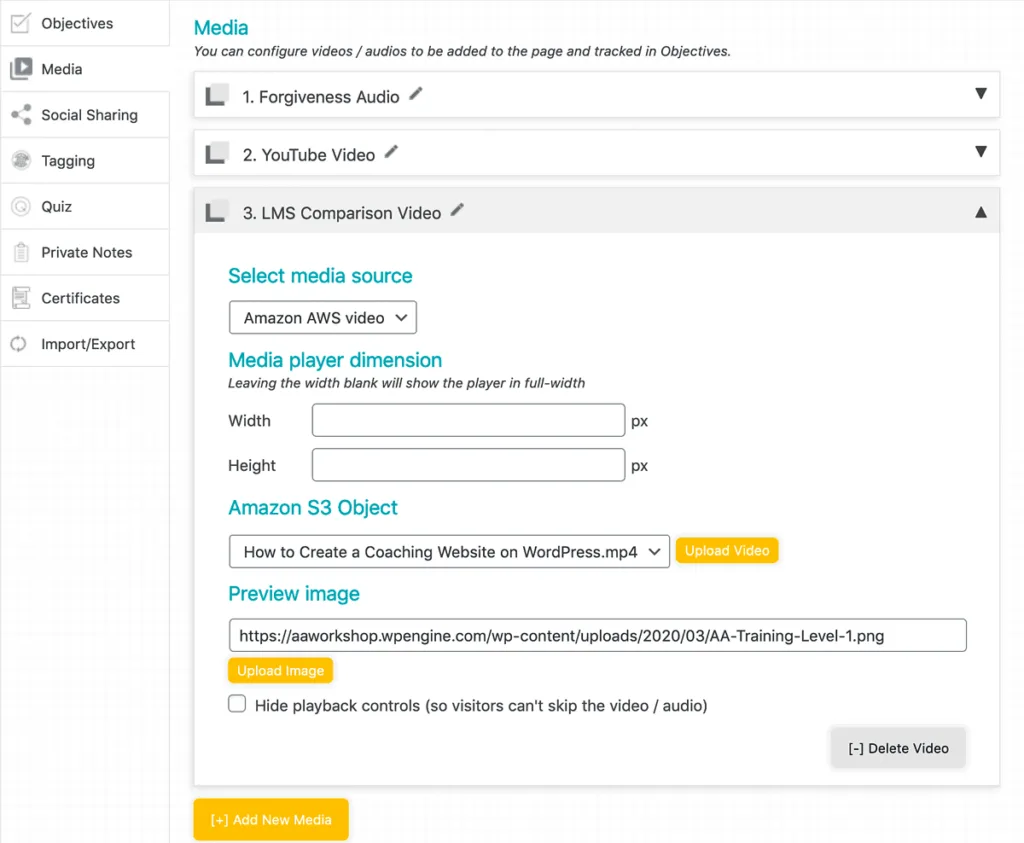 Screenshot of upload media page - AccessAlly Screenshot of the Media Player Settings