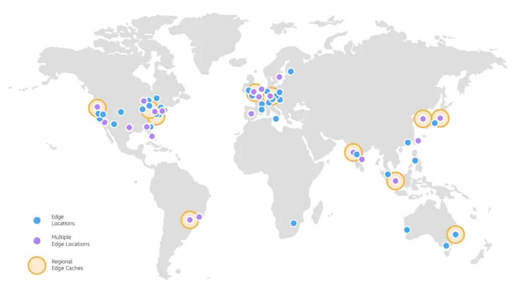 Cloudfront-Map - AccessAlly World map with dots representing Amazon servers and locations