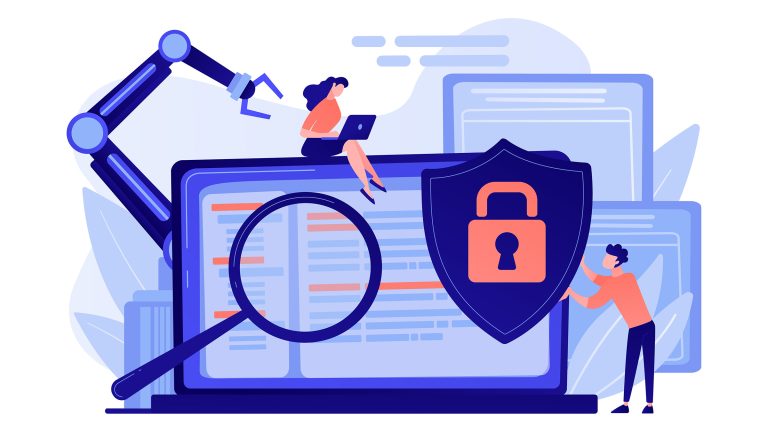 Vector cartoon illustration of woman at computer with a man and padlock