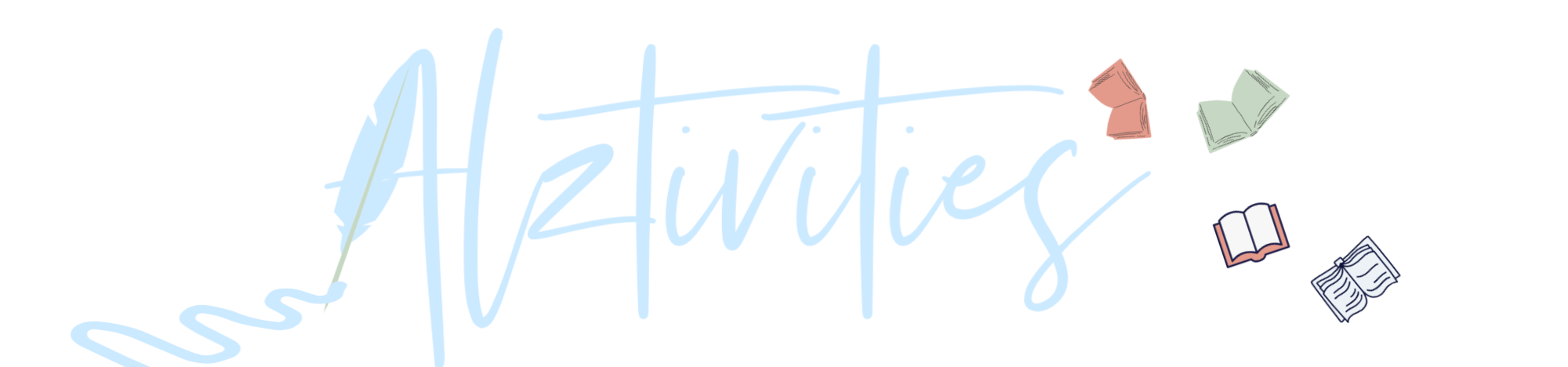 Alztivities text with a blue quill pen for the first A stroke with ink sqiggles on the left, and 4 open books flying on the right