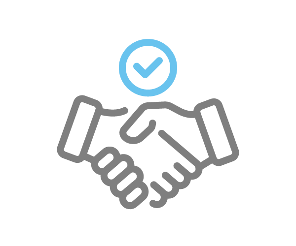 Grey handshake icon with blue circled tick to reflect high service level