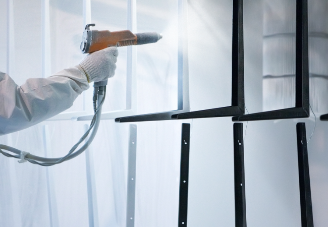 White gloved hand spraying powder coating onto black metal components from a grey and orange spray gun