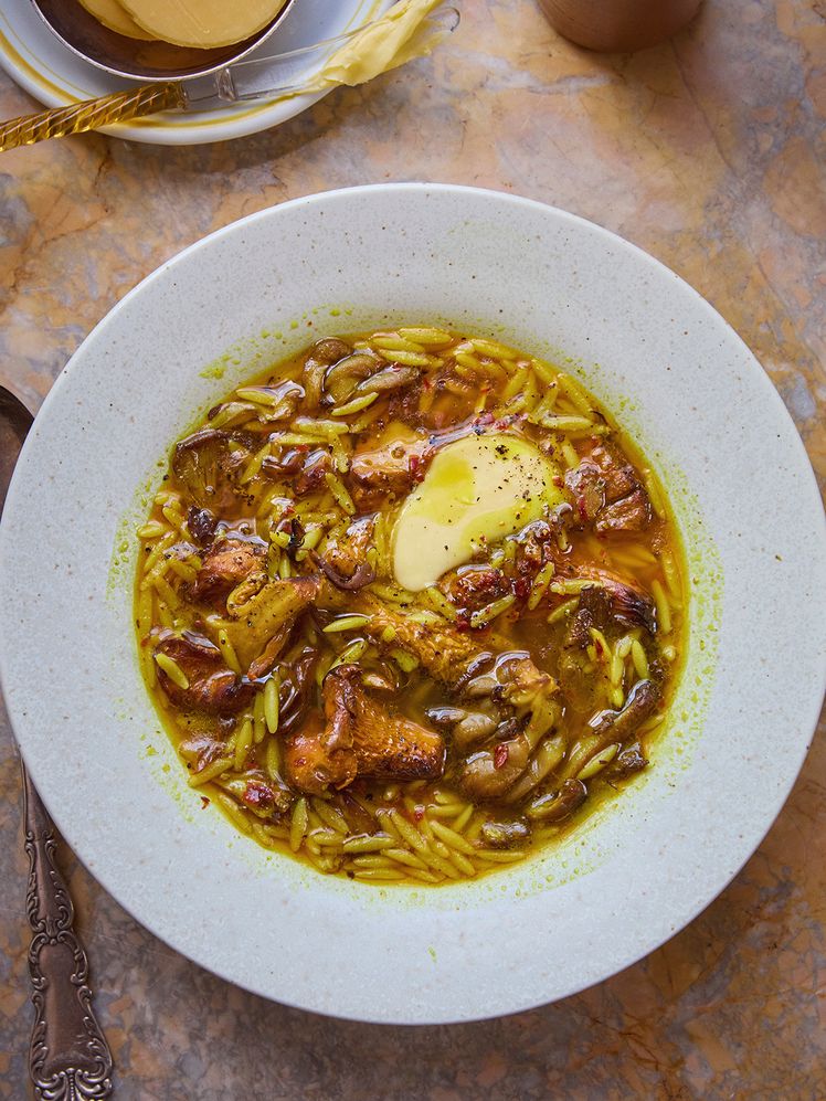 Golden Mushroom Soup With Orzo & a Pat of Butter