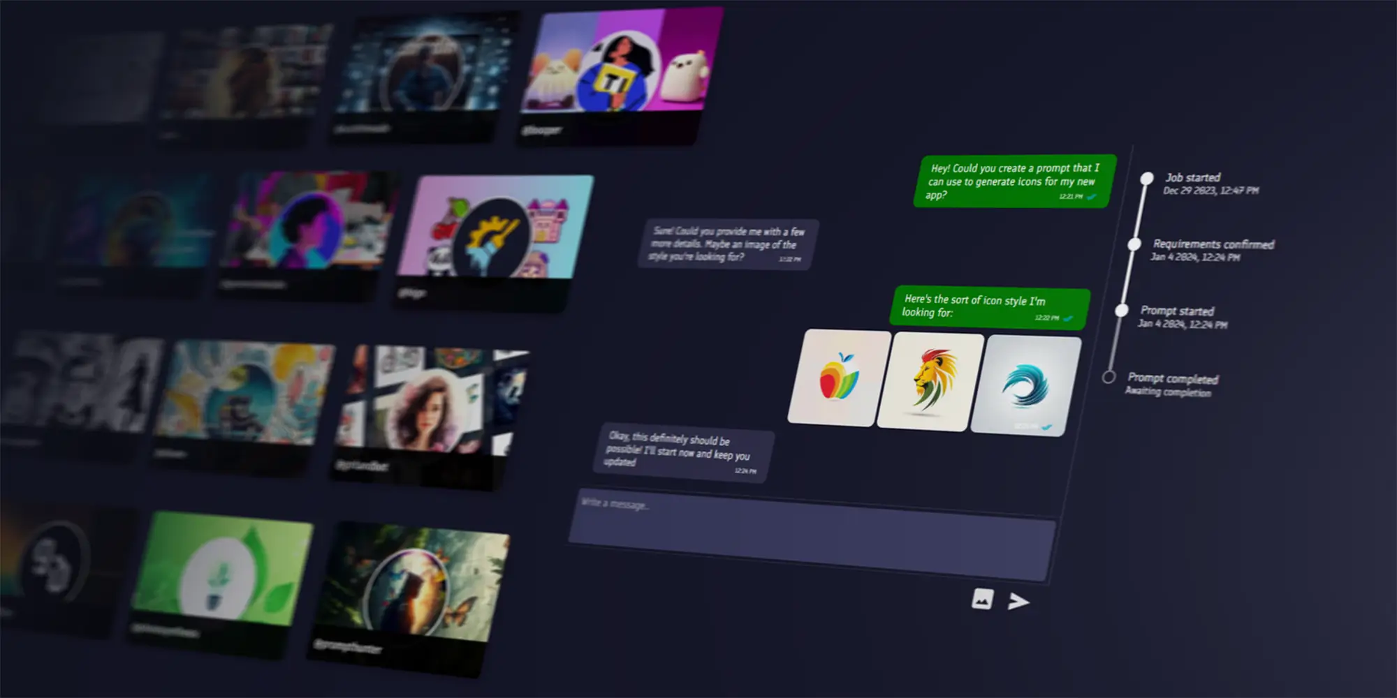 A chat conversation between two users on PromptBase, talking about hiring a prompt engineer