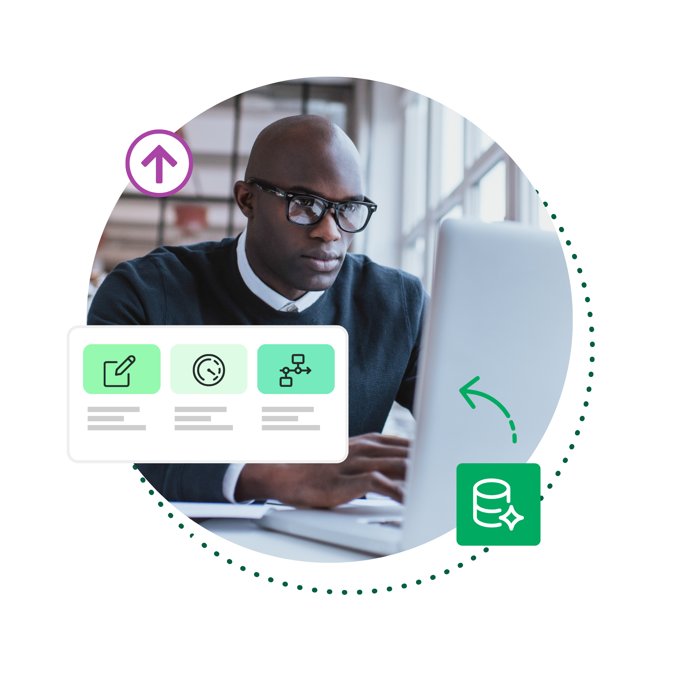 Learning manager looking at a computer with an overlay of icons
