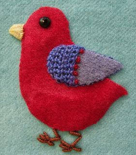 Robin Atkins embroidered, wool applique chick, in process Robin Atkins embroidered, wool applique chick, in process