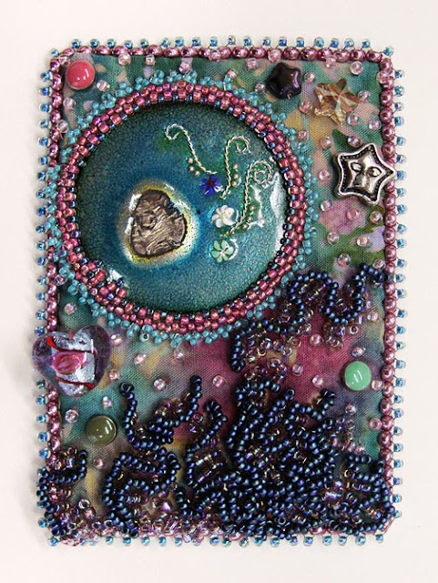 enamel and bead embroidery ATC by Karen L Cohen