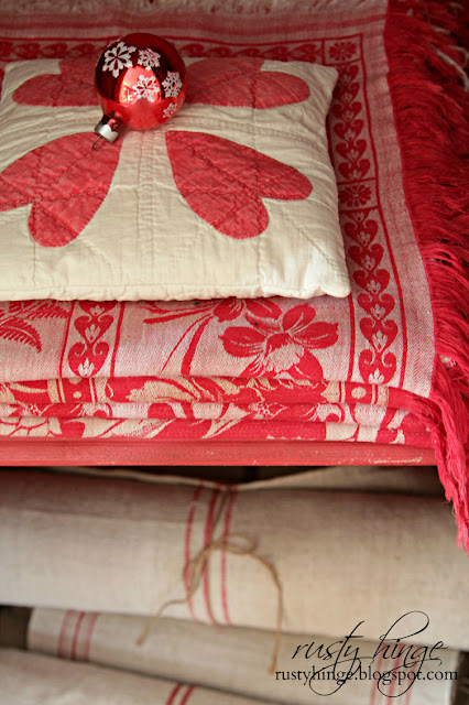 Rusty Hinge 2015 Rustic Meets Refined Christmas Home Tour Stacks of vintage French linens