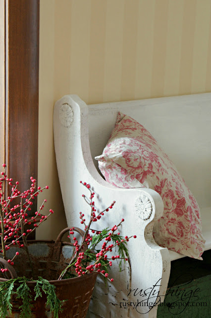 Rusty Hinge 2015 Rustic Meets Refined Christmas Home Tour Vintage church pew painted with Miss Mustard Seed Milk Paint