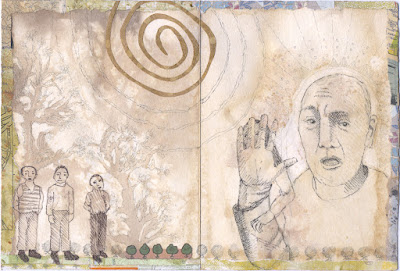 A page from a handmade book with a man holding up his hand, there is a woman behind who is barely visible.