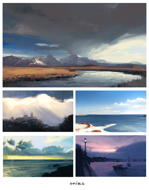 Speed painting studies of skies and clouds from photo reference, with some mountains, fields and other fun stuff thrown in the mix