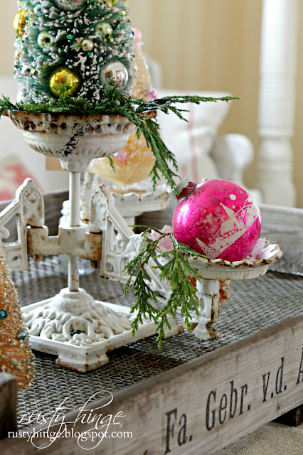 Rusty Hinge 2015 Rustic Meets Refined Christmas Home Tour Vintage Shiny Brite ornament on a Victorian plant stand