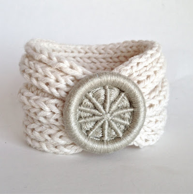Dorset button on knitted cuff Dorset button on knitted cuff