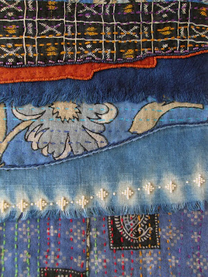 bead embroidery indigo-dyed fabrics by Robin Atkins