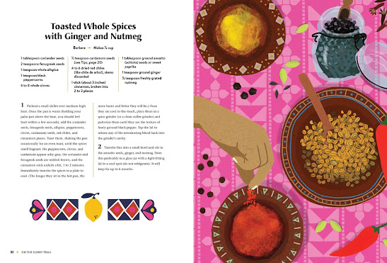 Scan from On the Curry Trail by Raghavan Iyer Two book pages showing a recipe and a simplified drawing of bowls of spices against a pink background