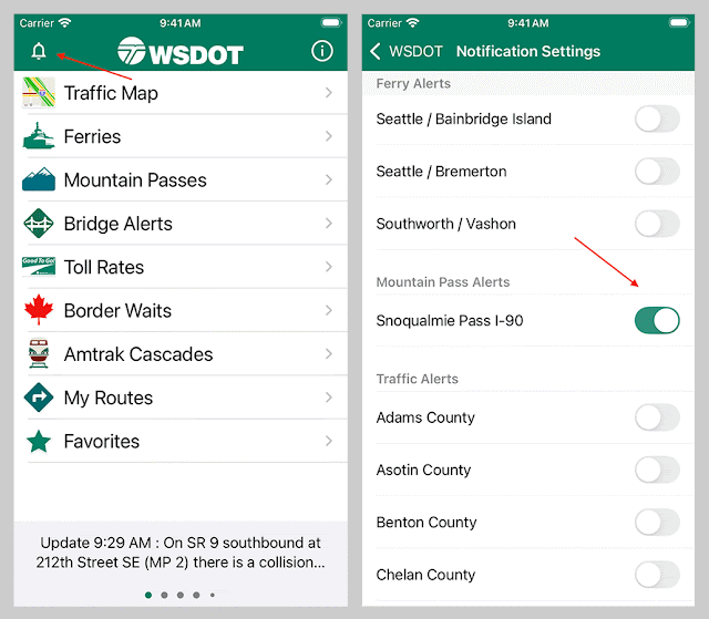 Two WSDOT iOS app screenshots show how to enable Snoqualmie Pass notifications: tap the bell icon at the top left of the home screen, then turn on the Snoqualmie Pass I-90 toggle under Mountain Pass Alerts. Red arrows highlight each step.