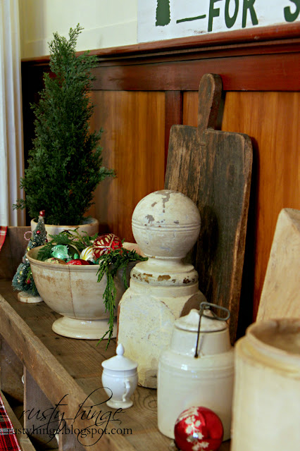 Rusty Hinge 2015 Rustic Meets Refined Christmas Home Tour Ironstone bowl filled with vintage Christmas ornaments