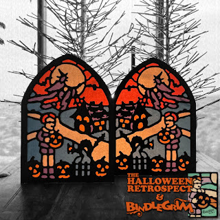 Two sides shown of faux stained-glass gothic windows created by Bindlegrim for research library The Halloween Retrospect. Wintery type window with the warm glow of dual-side stained-glass paper projects by vintage-style Halloween artist Bindlegrim.