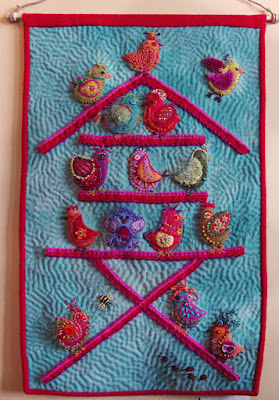 She Has Flown the Coop, a wall quilt by Bunny Starbuck, embroidery on wool applique She Has Flown the Coop, a wall quilt by Bunny Starbuck, embroidery on wool applique