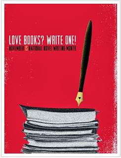 pink background square with a stack of books at the bottom and a dip pen with nib standing nib down on the stack and the words LOVE BOOKS? WRITE ONE! NOVEMBER IS NATIONAL NOVEL WRITING MONTH