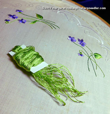 Blingy Antique Silk Floss Society Silk Violets: embroidered violets with some refelctive antique silk thread