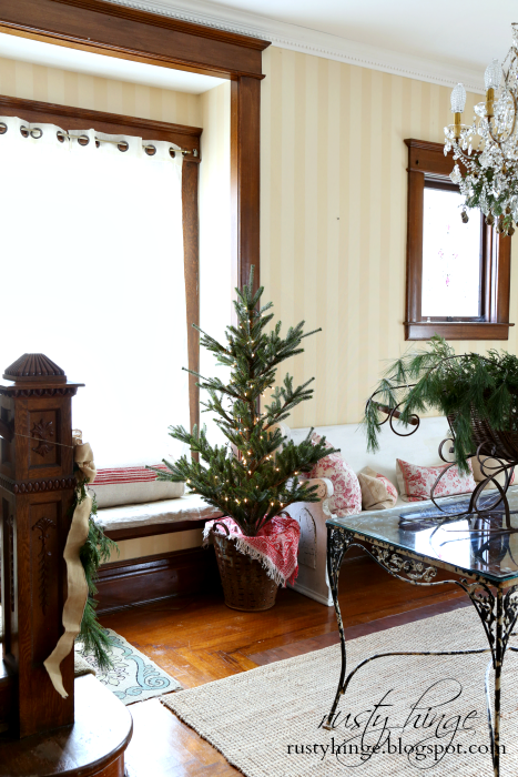 Christmas Home Tour 2016 ~ Rusty Hinge Christmas Tree in a Vintage Olive Bucket