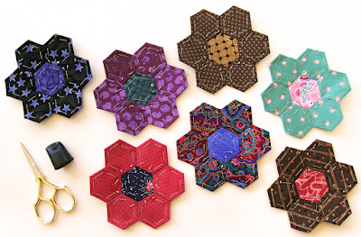 finished hexie flowers, new hexie quilt by Robin Atkins finished hexie flowers, new hexie quilt by Robin Atkins