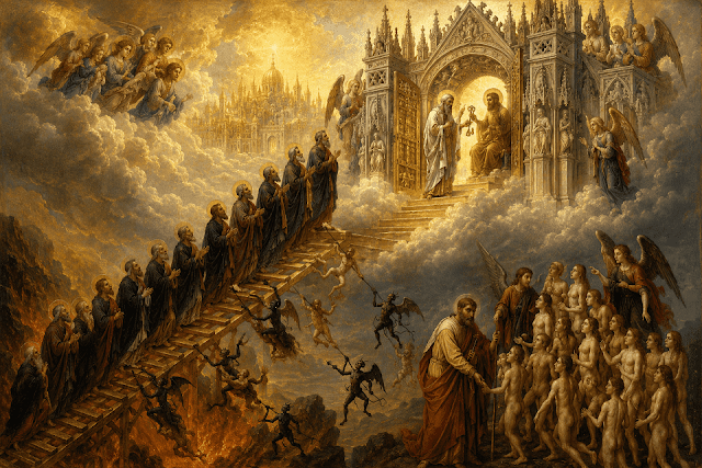 The Pearly Gates: Biblical Mystery Behind Heaven’s Most Famous Entrance The Pearly Gates depicted through Christian visions of Heaven, judgment, angels, and Saint Peter