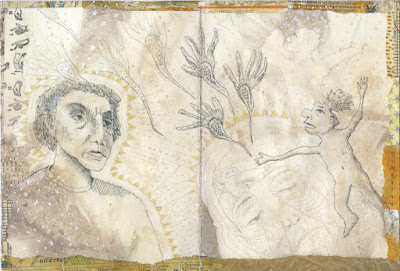 Artist book page by Judith Hoffman from unfinished book. Artist book page by Judith Hoffman showing a woman on the left, gazing at a creature throwing mythical seeds into the air.