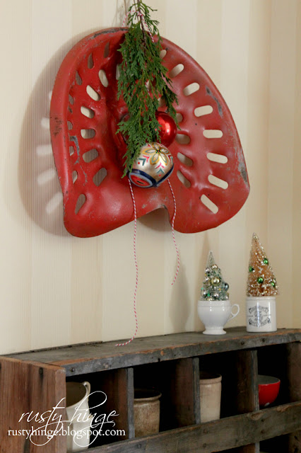 Rusty Hinge 2015 Rustic Meets Refined Christmas Home Tour Vintage red tractor seat Christmas wreath