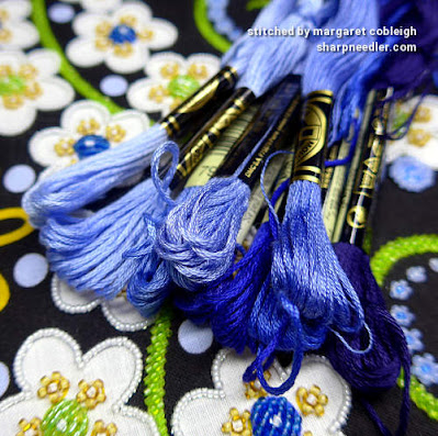 Preparing the Blue Threads Bead Embroidery with Thread Painting: A selection of DMC blue floss. (Wild Child Japanese Bead Embroidery by Mary Alice Sinton)