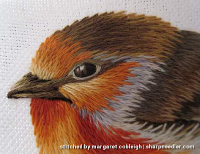 Needlepainted Robin: Head Detail Detail of thread painted robin's head. (Robin by Trish Burr (Inspirations))