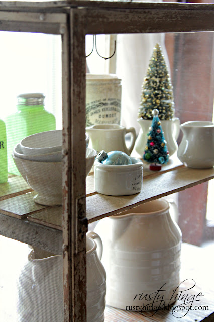 Rusty Hinge 2015 Rustic Meets Refined Christmas Home Tour Vintage French cheese safe with antique ironstone