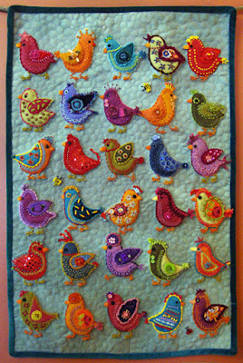 Chickadees, a wall quilt by Carrie Unick, embroidery on wool applique Chickadees, a wall quilt by Carrie Unick, embroidery on wool applique