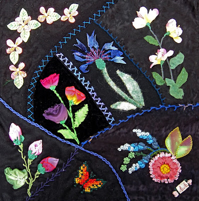 Allison Aller, one of samplers for class in crazy quilting, surface sculpture