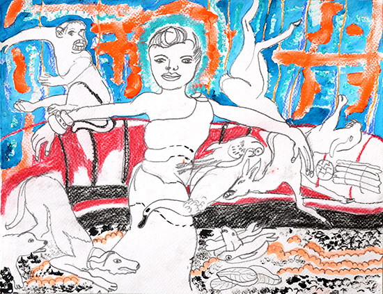 Charlotte Schleiffert Girl with dog and monkey, 2019 mixed media on paper 25 x 32,5 cm Charlotte Schleiffert Girl with dog and monkey, 2019 mixed media on paper 25 x 32,5 cm