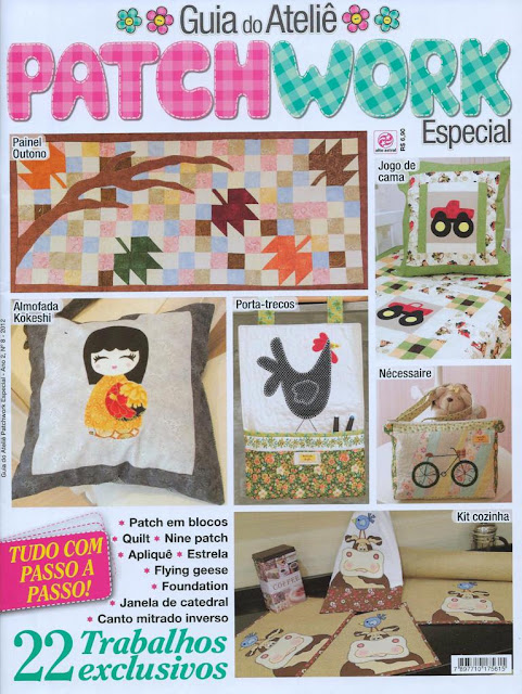 Revista Guia do Ateliê - Patchwork Especial nº 8 - Alto Astral Editora Patchwork, Apliquê, Foundation, Manta infantil Os balões, Manta e almofada infantil Os carros, Panô O outono, Panô O porco-espinho, Almofadas As três japonesas - Kokeshi, Manta para sofá Corações, Panô O vaso de flores, Maria Adna, Maria Adna Ateliê, Patchwork bolsas e afins, Trabalhos publicados em revista