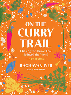 On the Curry Trail by Rachavan Iyer bright orange book cover with colorful drawings of vegetables