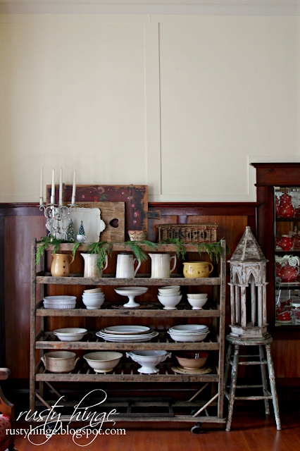 Rusty Hinge 2015 Rustic Meets Refined Christmas Home Tour Vintage factory shoe cart Christmas ironstone display