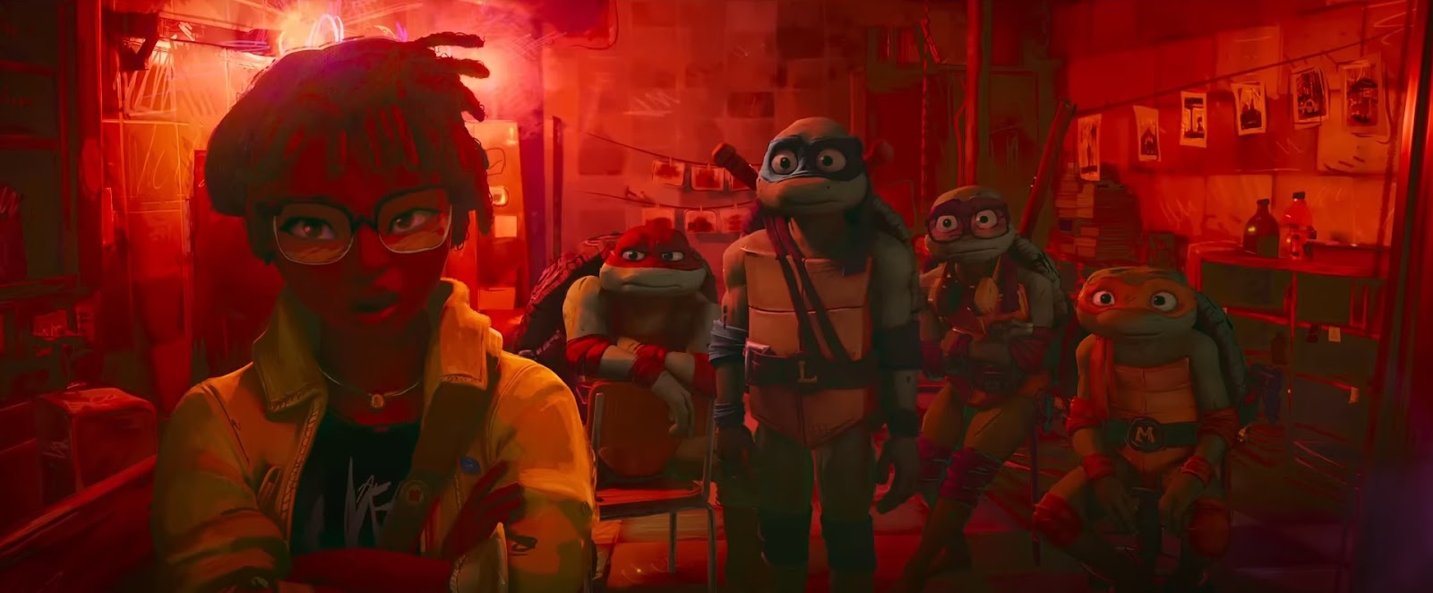 Teenage Mutant Ninja Turtles Mutant Mayhem 2023 animated film with turtle brothers Donatello, Michelangelo, Leonardo, Raphael as actual teenagers