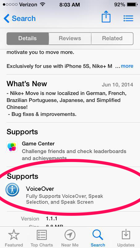 mock-up App Store screenshot with added section reading Supports VoiceOver on app preview page