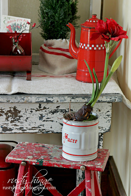 Rusty Hinge 2015 Rustic Meets Refined Christmas Home Tour Red Amaryllis in a vintage French enamelware canister